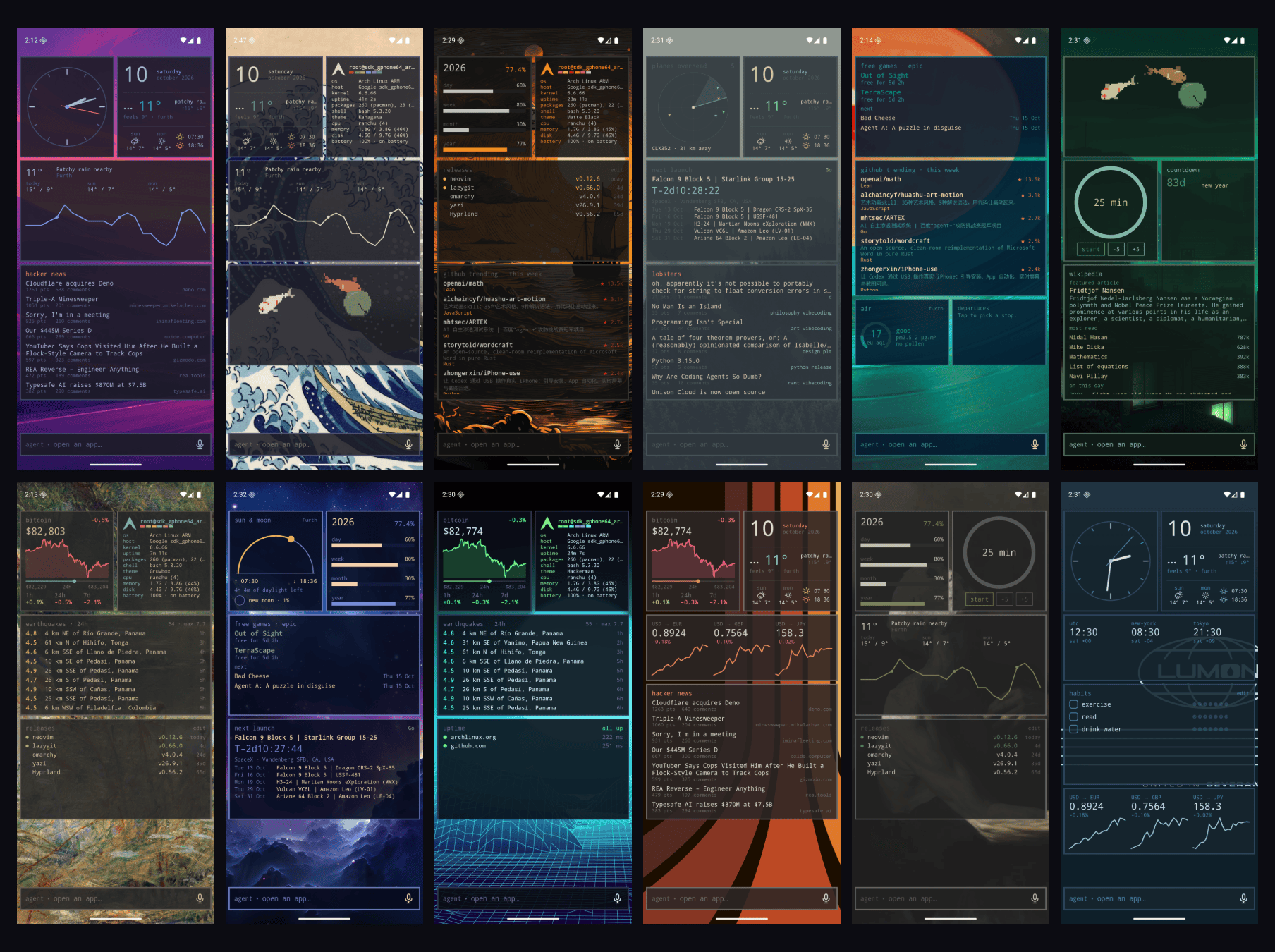 Grid of twelve Android phone home screens, two rows of six, each in a different Omarchy theme and wallpaper, with widgets such as a clock, weather chart, fetch-style Arch Linux system info, Hacker News, Bitcoin price, earthquakes and GitHub trending, and an agent search bar at the bottom of each screen