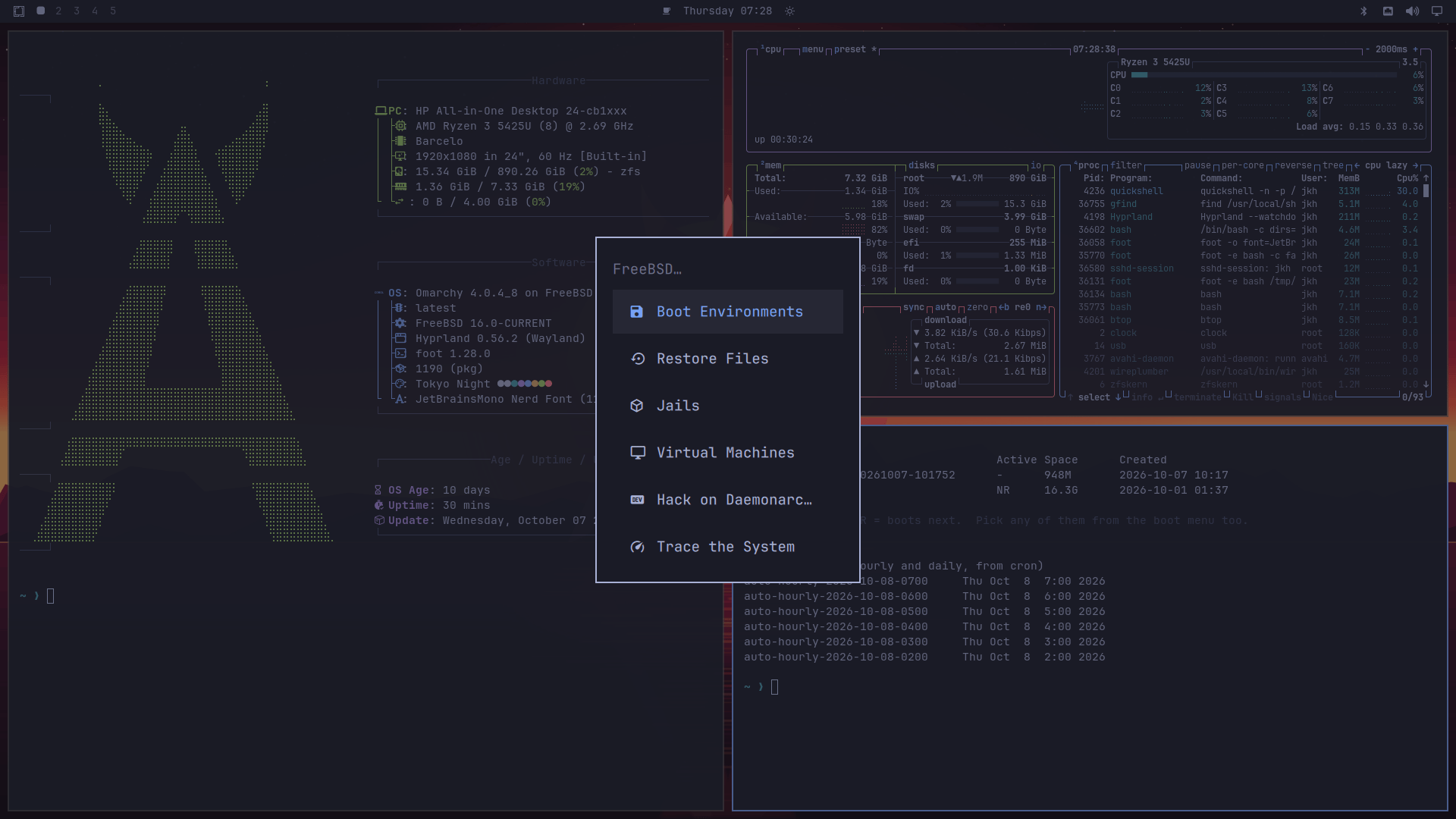 Daemonarchy desktop on FreeBSD: fastfetch showing Omarchy 4.0.4 on FreeBSD 16.0-CURRENT, btop, a list of boot environments and hourly snapshots, with the FreeBSD menu open