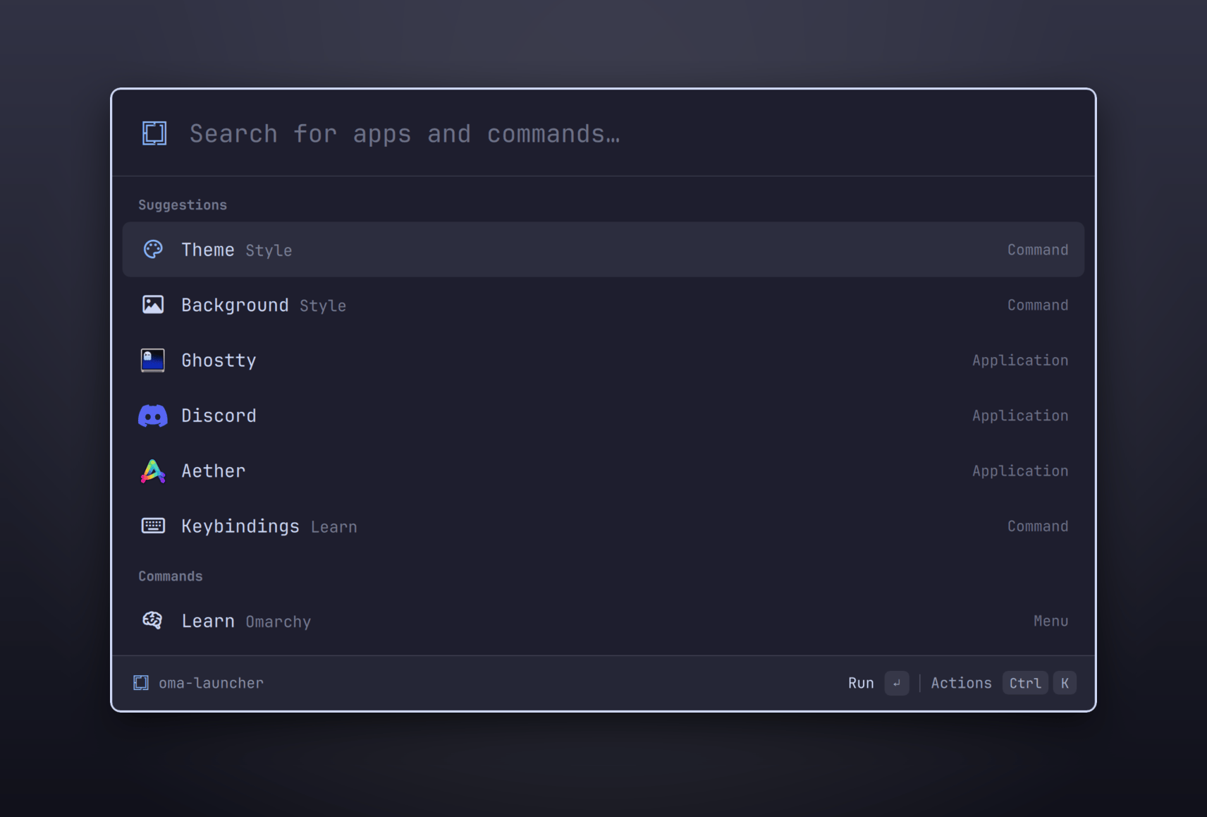 oma-cast launcher window with a 'Search for apps and commands' field, listing suggestions such as Theme, Background, Ghostty, Discord, Aether and Keybindings, with Run and Ctrl+K Actions hints