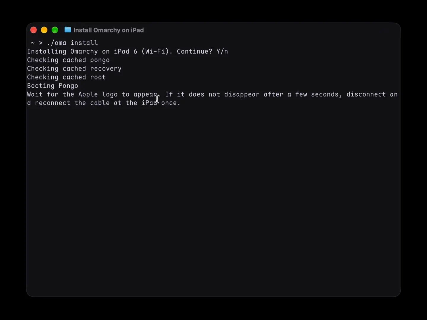 Terminal window titled Install Omarchy on iPad running ./oma install, confirming installation on an iPad 6 (Wi-Fi) and booting Pongo
