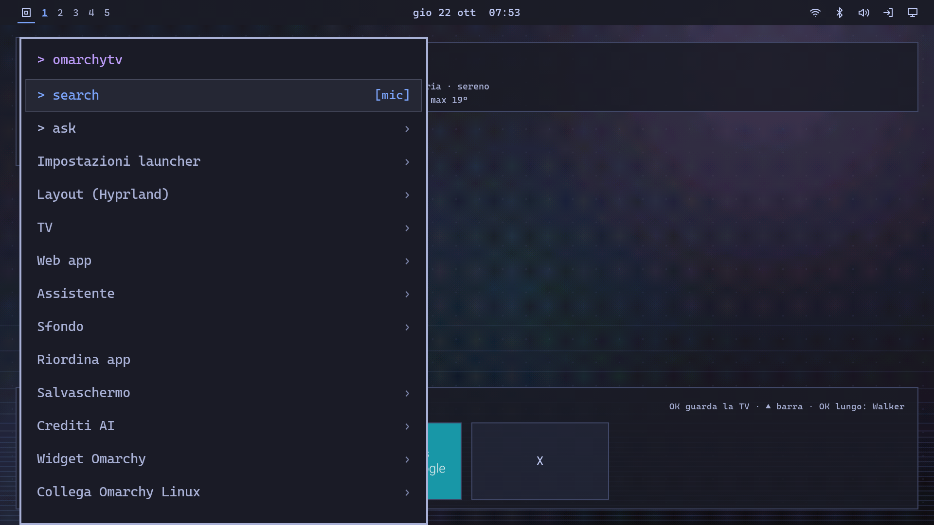 OmarchyTV on the Android TV emulator: a Walker-style launcher menu with search, ask, layout (Hyprland), TV, web app, wallpaper and Connect Omarchy Linux entries, under a Waybar-style top bar with workspaces 1 to 5
