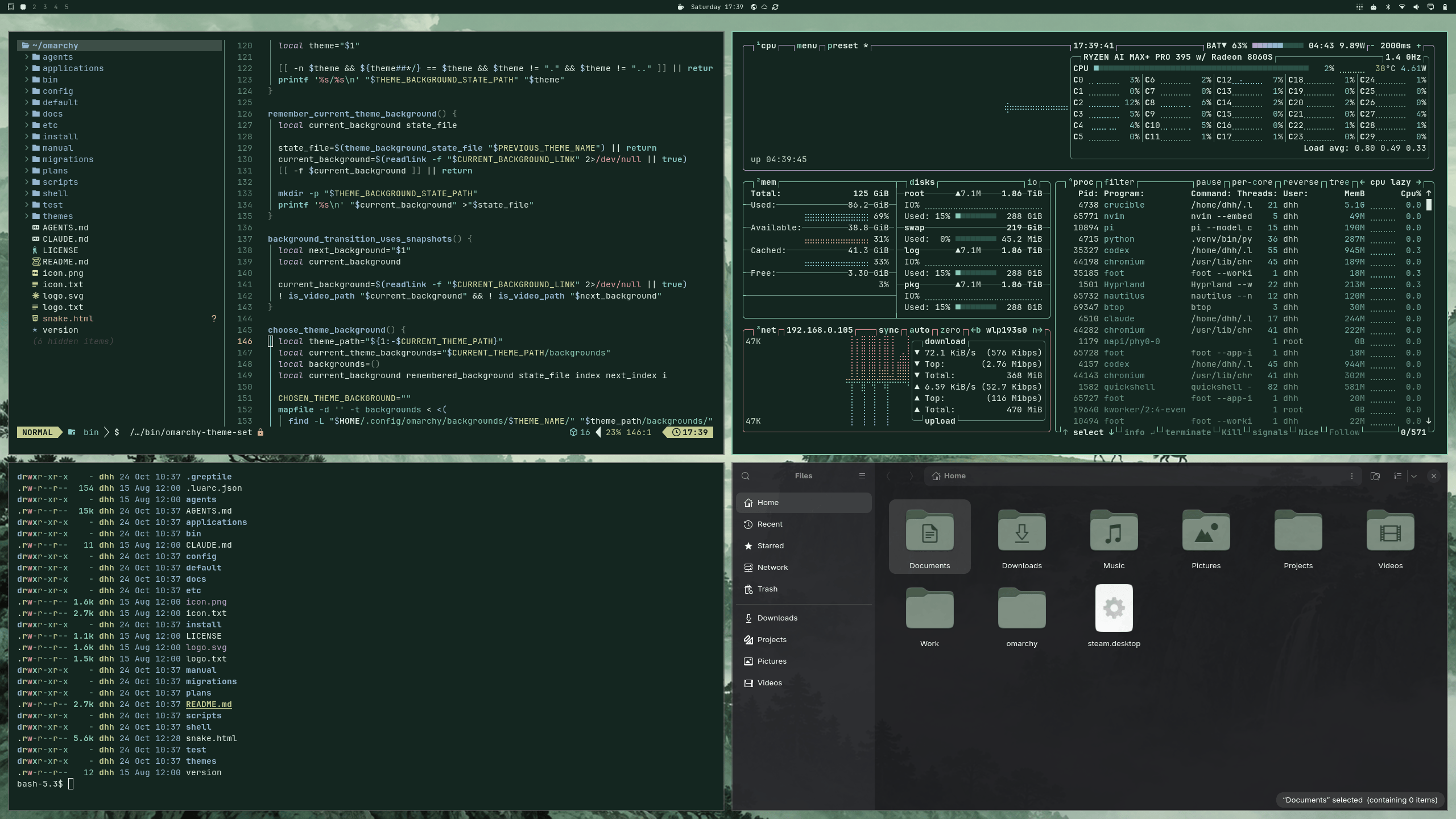 Omarchy desktop in jade green tones with Neovim, btop, a terminal file listing and the Files app tiled across the screen