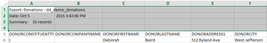 Download the report from DonorDrive and then manually remove the top four lines in Excel