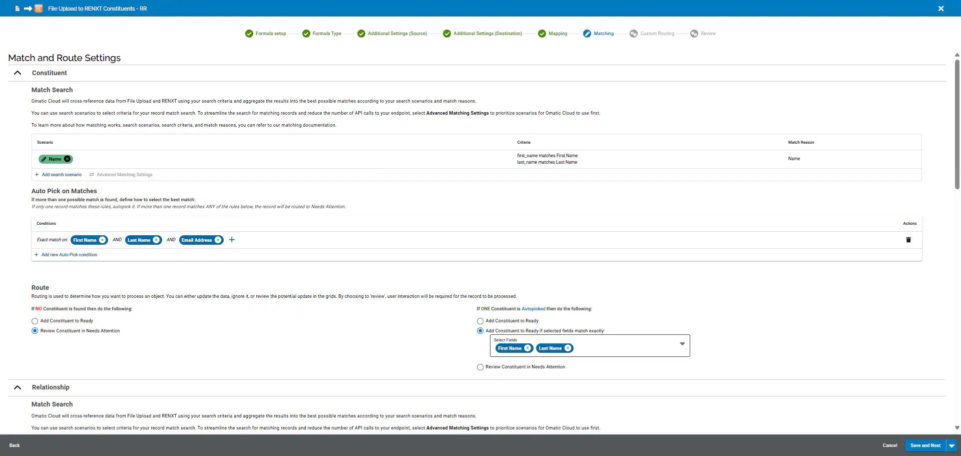 Routing options menu in Omatic Cloud