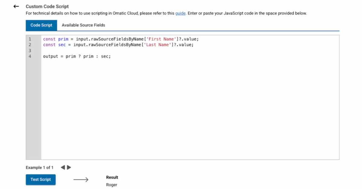 Custom code transformation screen in Omatic Cloud