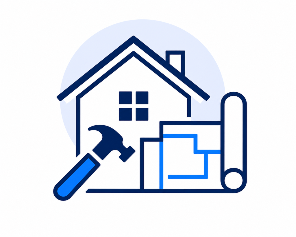 An illustration of a house with a hammer and blueprints, symbolizing construction and renovation.