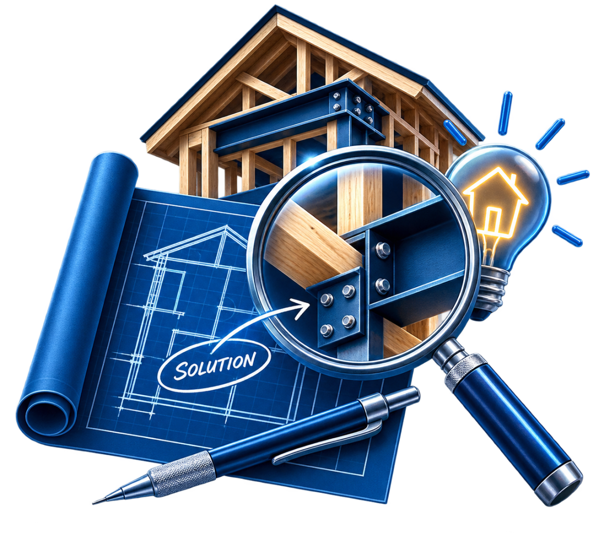 A digital illustration of blueprints and construction elements, featuring a magnifying glass highlighting metal connectors, a light bulb with a house symbol, and a pen, symbolizing solutions in building design.