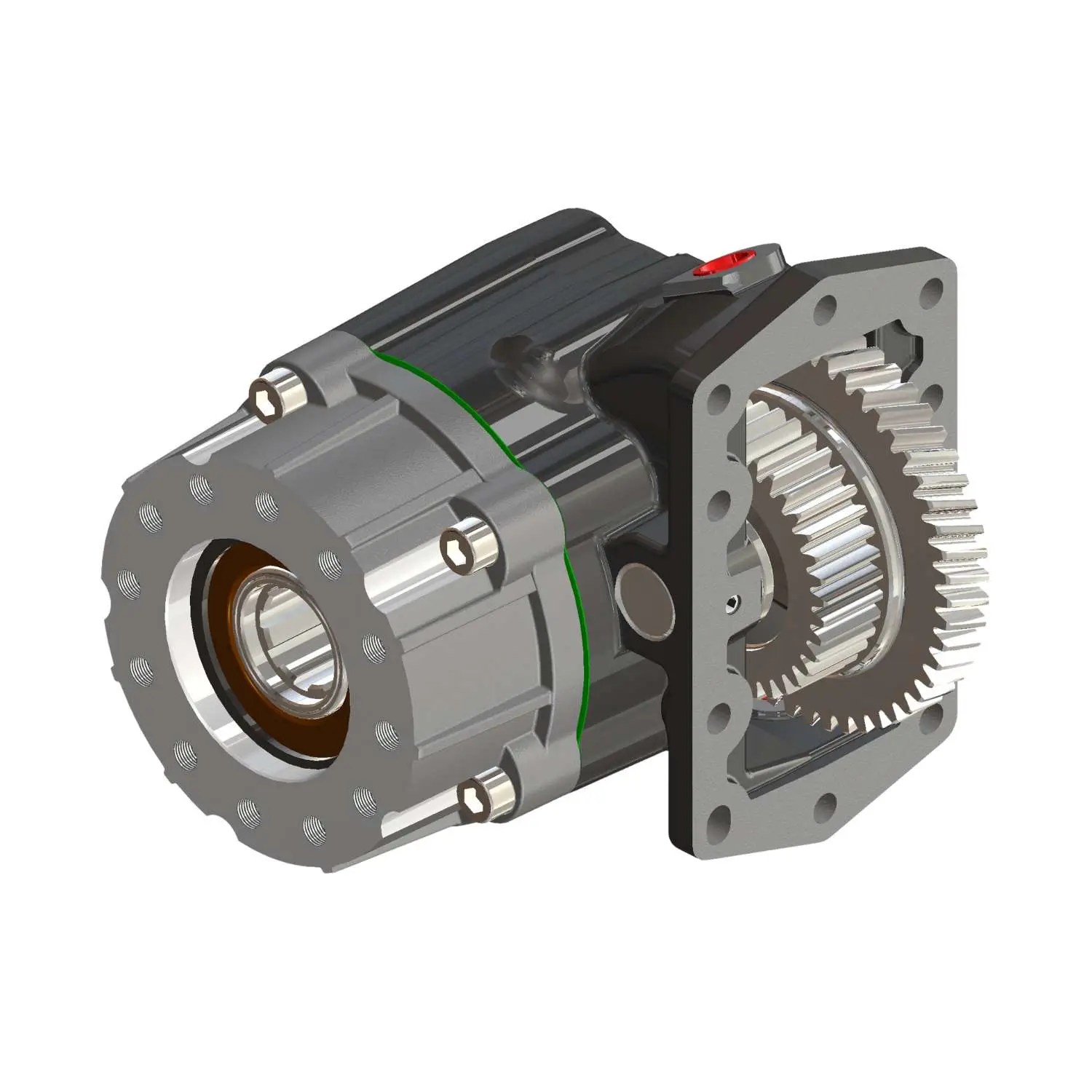 Power take-off unit with a silver and black housing, open view of precision-cut helical gears, and flanged output shaft. Built for Allison transmission integration, shown isolated on a white background.