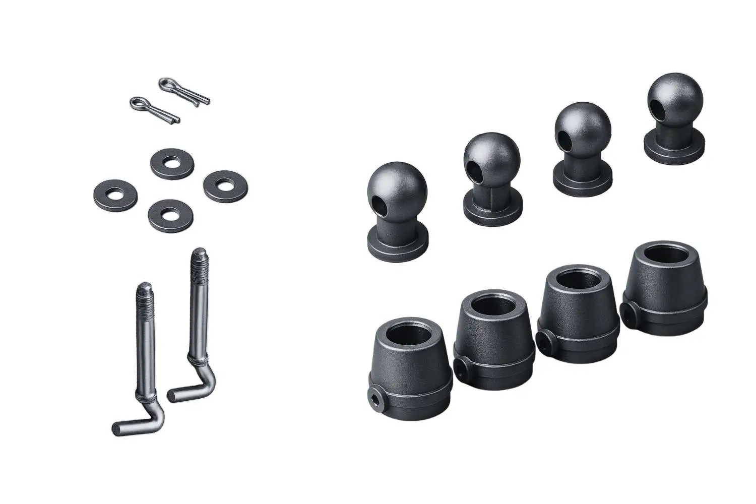 Assorted black metal body hardware parts including clevis pins, washers, spherical ball joints, and threaded caps. Organised in rows on a white background, used for securing and assembling hydraulic system components.