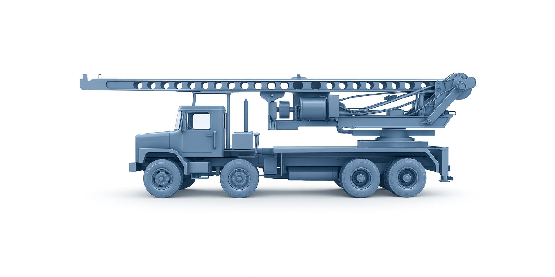 A heavy-duty drilling rig truck fitted with a hydraulic-powered drill boom mounted on a flatbed chassis. The rig features stabilisers, hydraulic pistons, and a lattice-style boom used for borehole drilling in construction or mining operations.