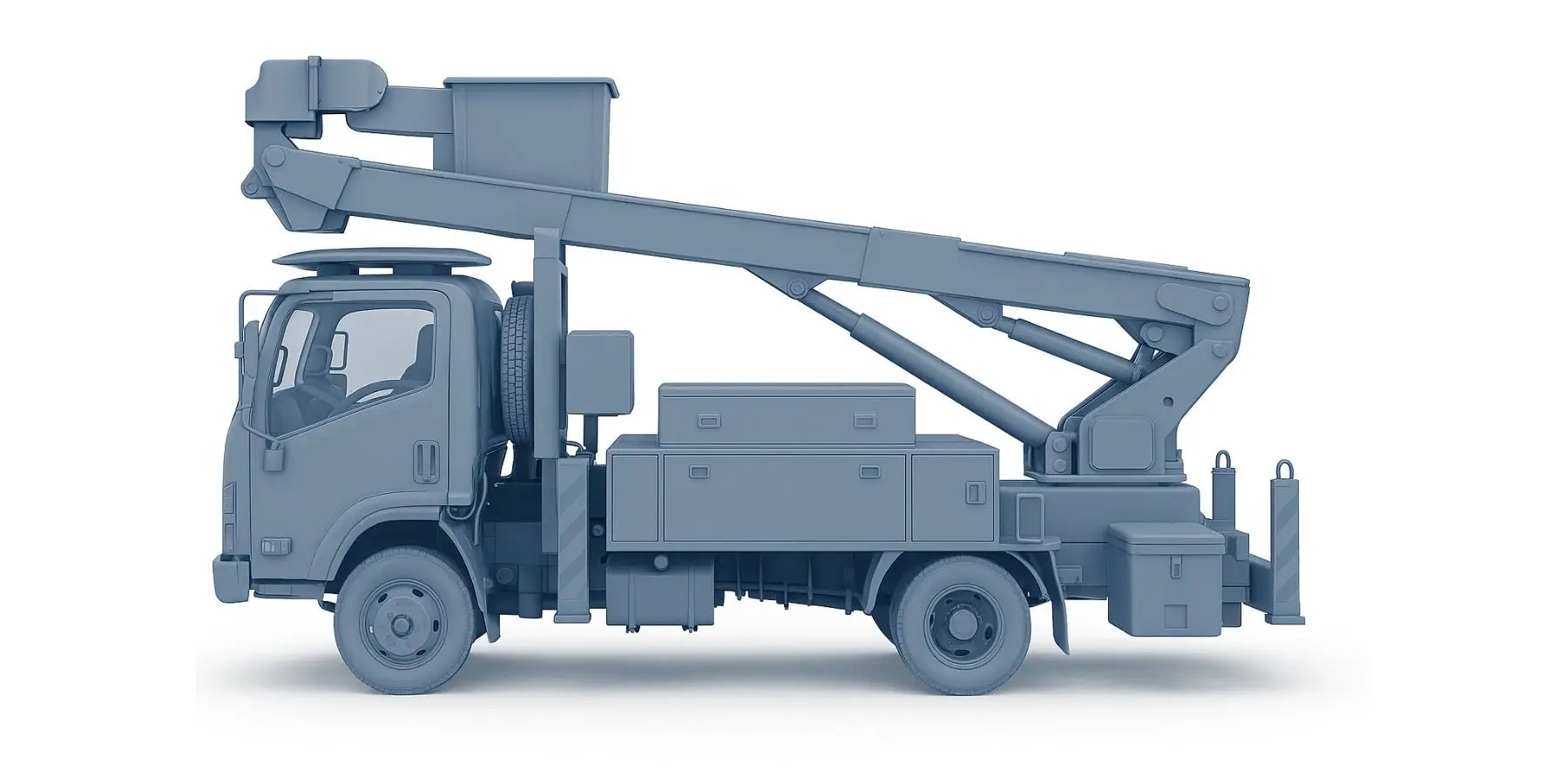 A hydraulic elevated work platform (EWP) truck with an articulated boom arm and bucket, designed for lifting personnel to elevated heights for maintenance or repair tasks. The vehicle features stabilisers and onboard tool storage, typical of access equipment used in utilities or construction.