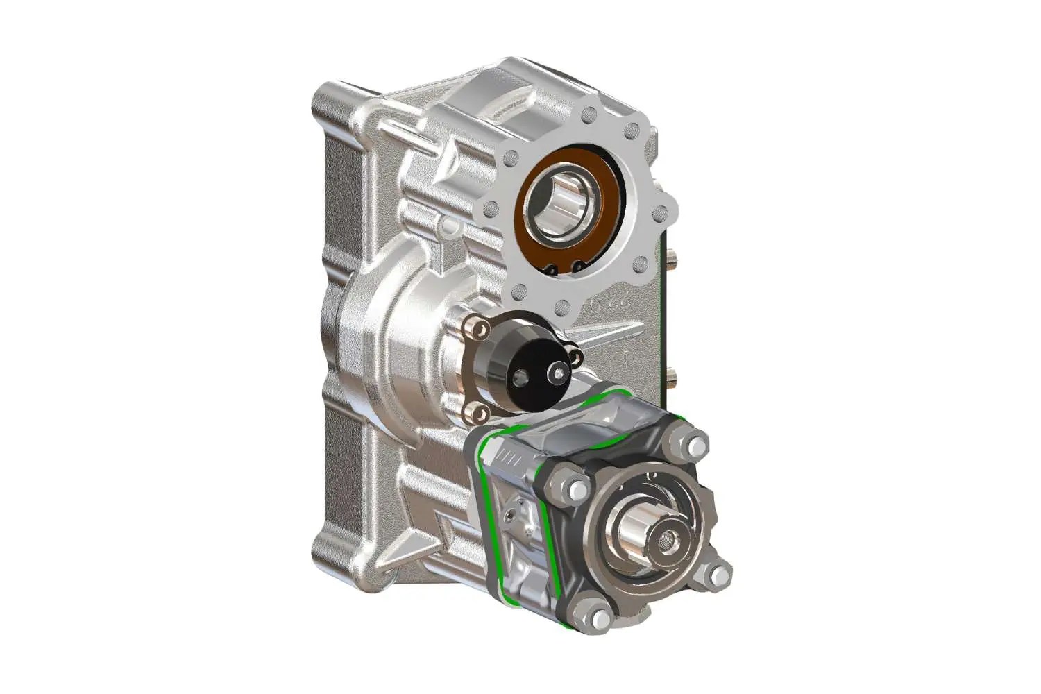 Silver gearbox assembly with integrated hydraulic pump mounted at the base, highlighted by green gaskets and precision-machined ports. Designed for seamless power transfer in heavy-duty vehicle or machinery applications.