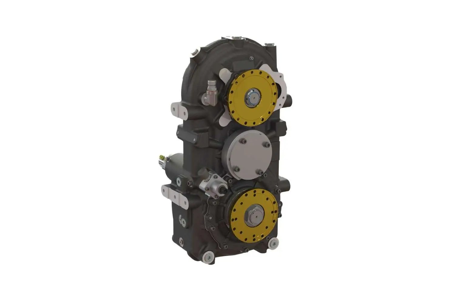 Vertical split shaft PTO unit in black with two yellow output flanges and multiple mounting brackets. Designed to provide power take-off from vehicle drivetrains for simultaneous hydraulic equipment operation, shown on a white background.