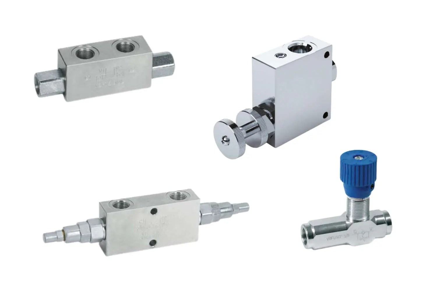 Assorted hydraulic flow control valves including needle, check, and pressure relief types, made of metal with precision fittings and adjustment knobs. Shown on a white background to display their varied shapes and connector types.