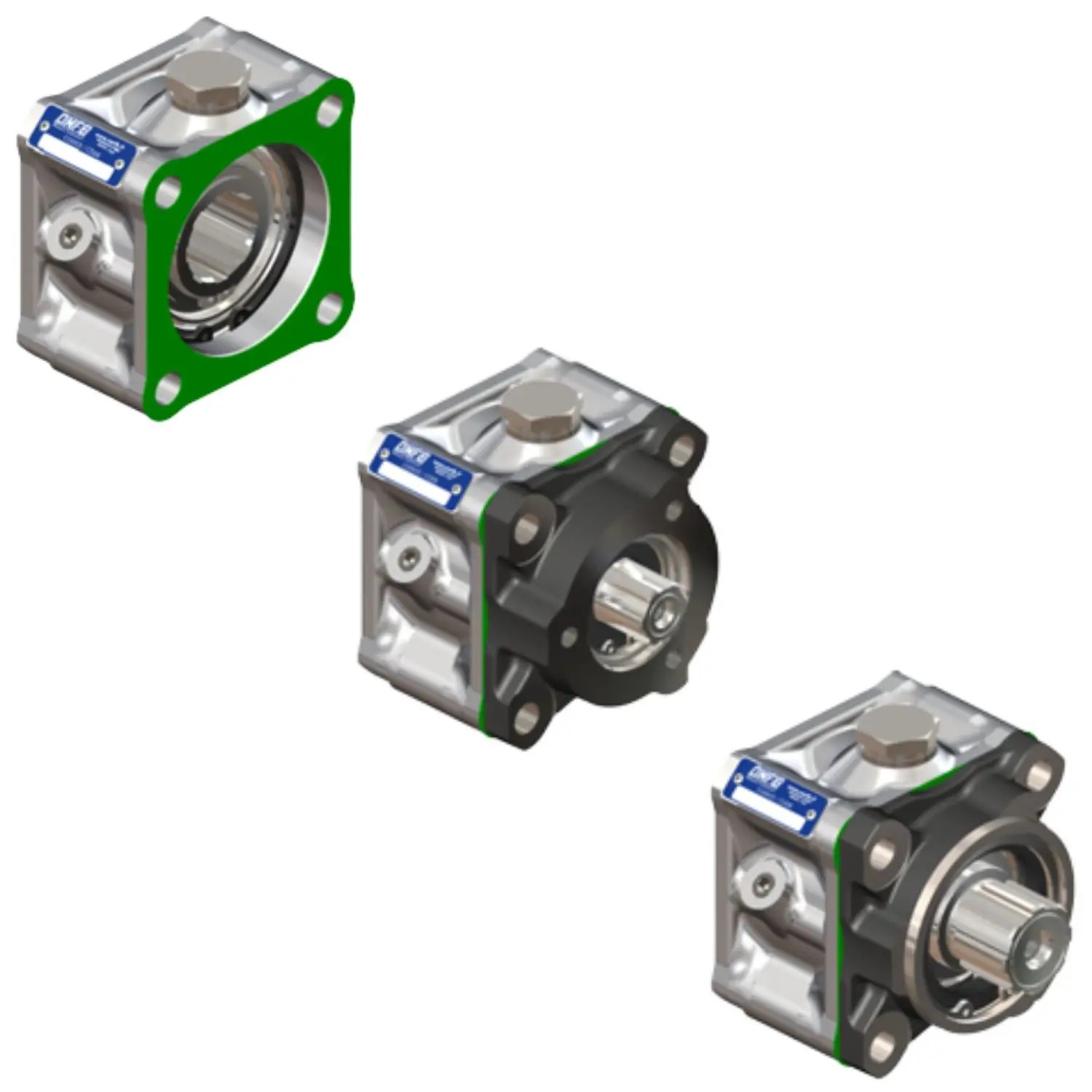 Three 3D renderings of OMFB PowerLight Series power take‑off units with compact square housings, flange mounts, and splined output shafts. Designed for efficient hydraulic power on lighter commercial vehicles, shown on a white background.