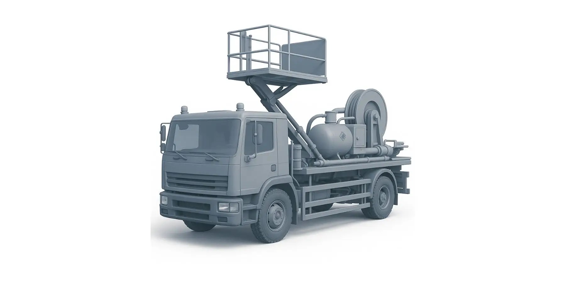 3D-rendered refueler truck featuring an elevated work platform, hose reel system, and fuel tank assembly mounted on the rear tray. Designed for mobile fuel transfer operations, shown on a white background.
