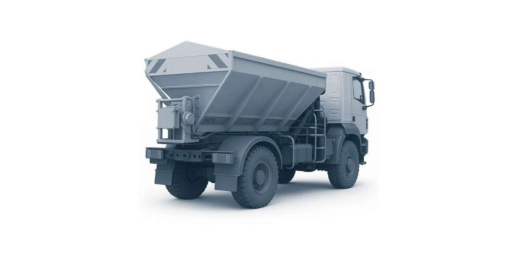 Rear view of a 3D-rendered spreader truck equipped with a large sloped hopper and hydraulic components for even distribution of materials like gravel or salt. Designed for road construction and maintenance, displayed on a white background.