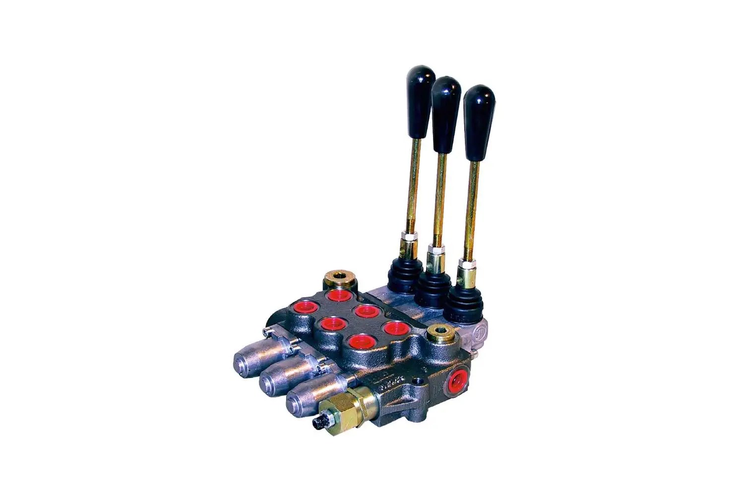Hydraulic directional control valve featuring three vertical lever handles and multiple red-capped ports, designed for managing fluid flow in multi-function systems. The valve is shown on a white background for clarity.