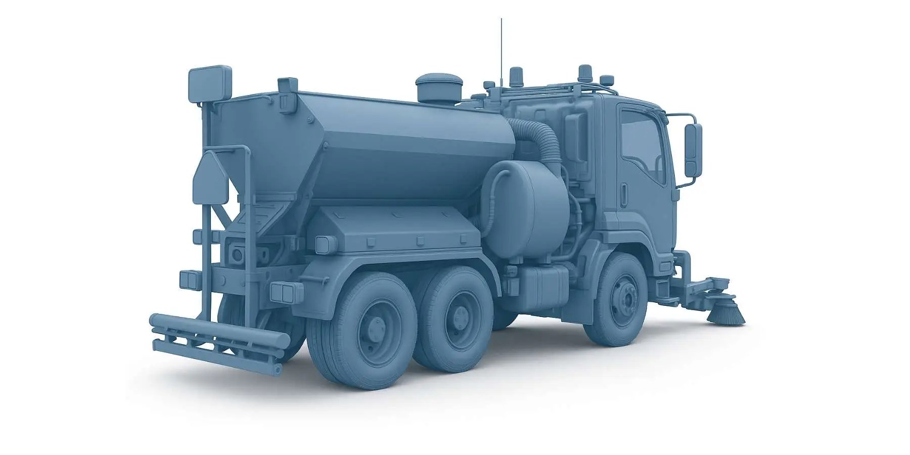 Rear and side view of a blue sealing unit truck equipped with a bitumen tank, spray system, and hose reel. Commonly used for sealing road surfaces in paving and maintenance operations, shown on a white background.