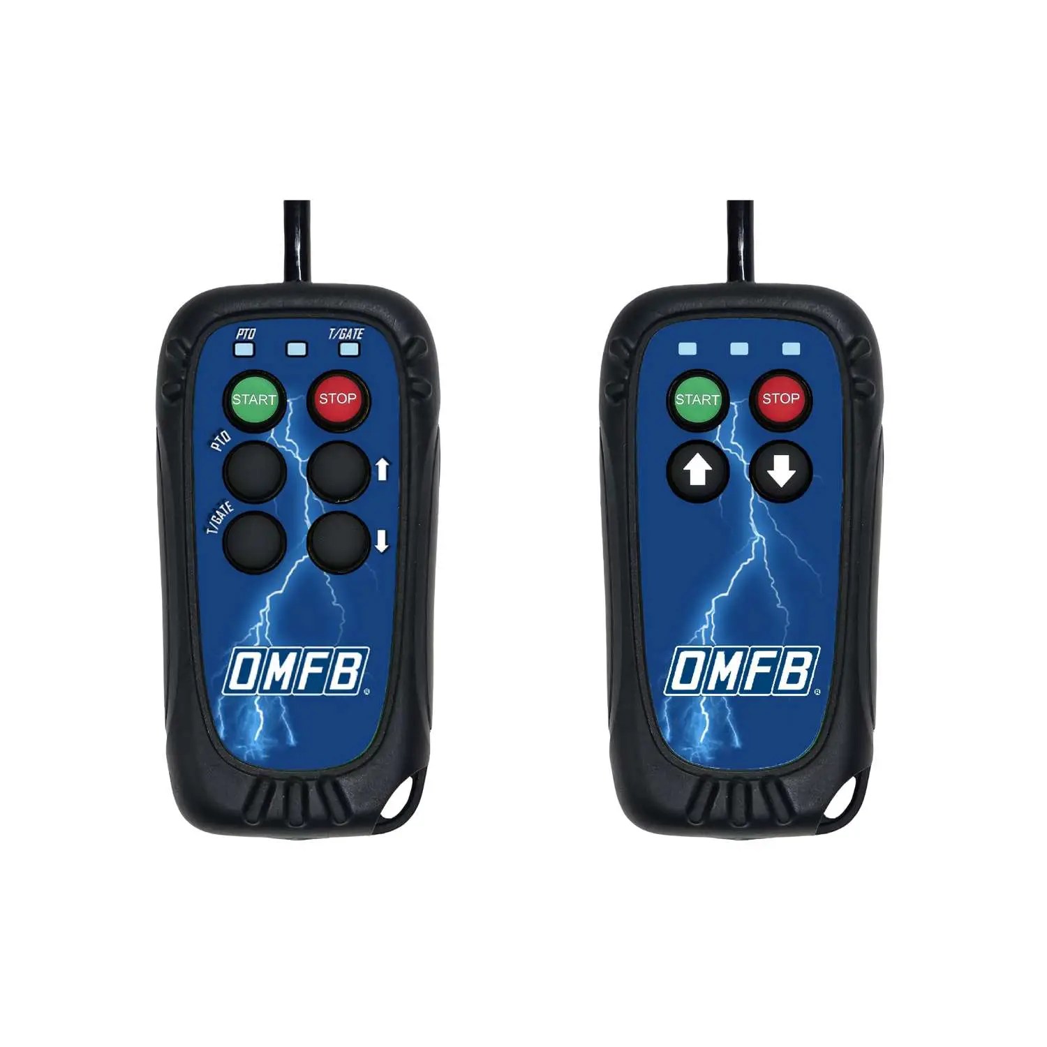 Pair of OMFB Pacific wired control units with lightning-themed blue panels. The left unit is designed for semi tippers, featuring PTO and tailgate function buttons. The right unit is a simpler layout for tipper trailers, with only up and down directional buttons and start/stop controls.