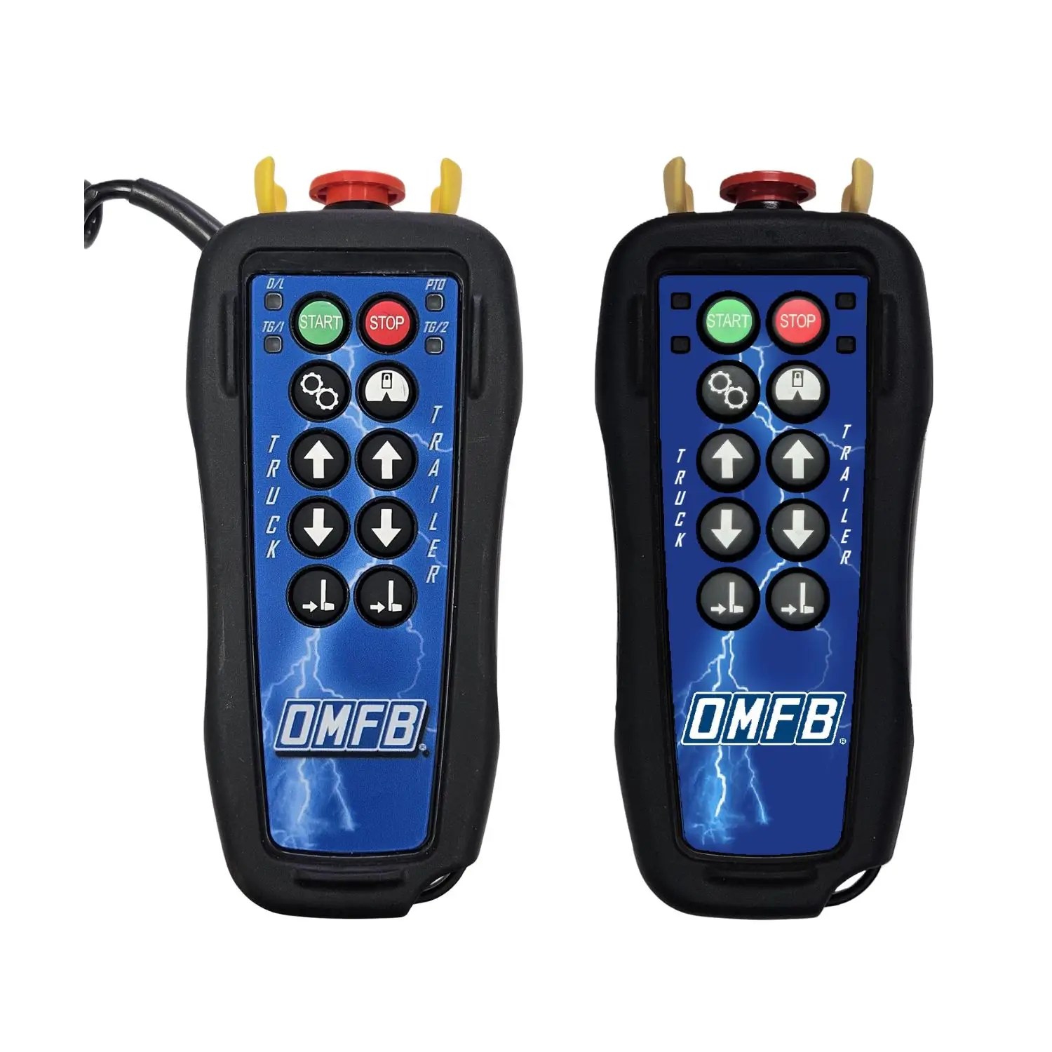 Two OMFB Pacific control units with a bold blue lightning design. The left unit is a wired remote with a visible cable, while the right unit is a wireless version with no cord, both featuring truck and trailer directional controls.