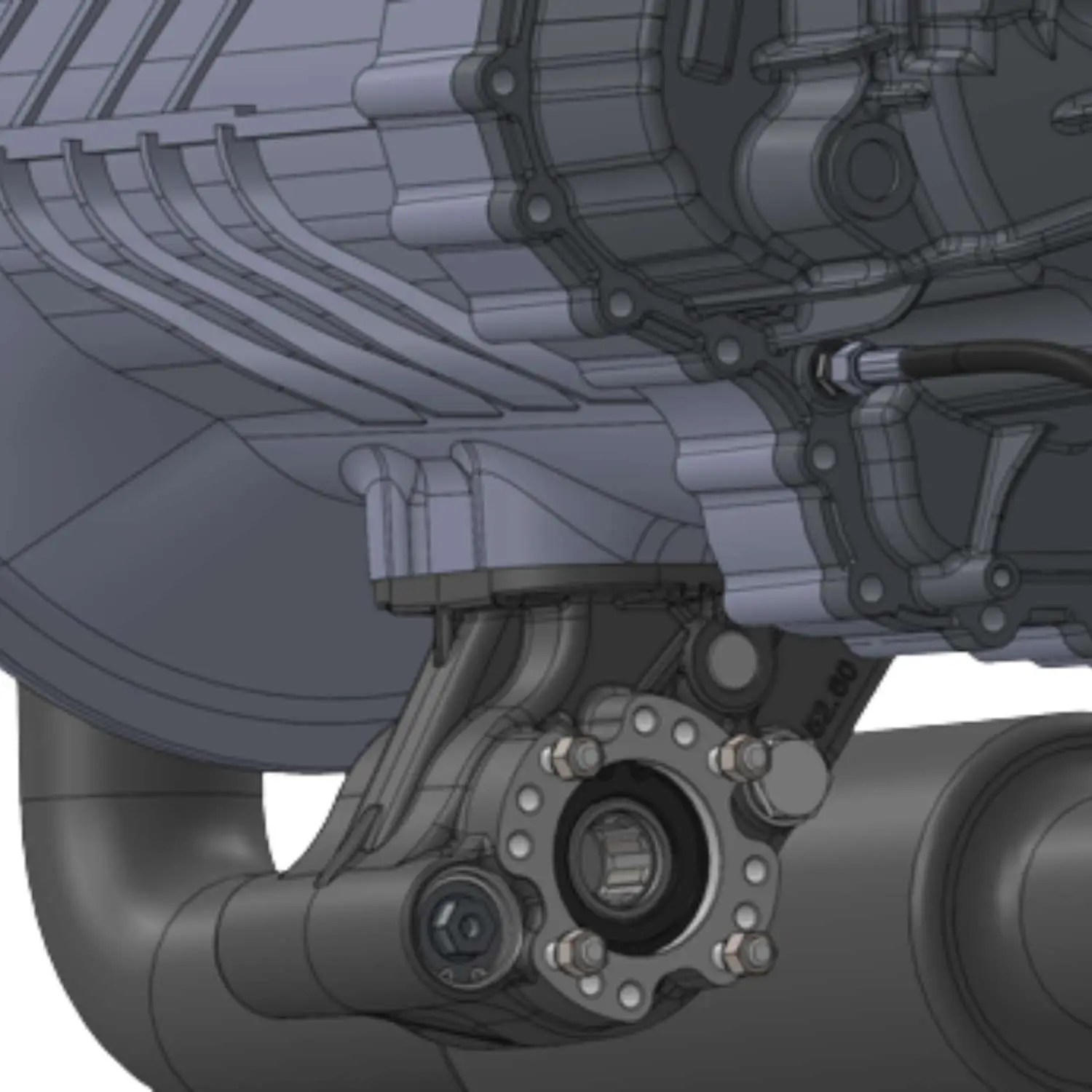 Close-up view of the OMFB Pacific ENDURANT XD PRO PTO mounted on a transmission. Highlights the bolted flange and curved shaft routing for heavy-duty driveline integration.