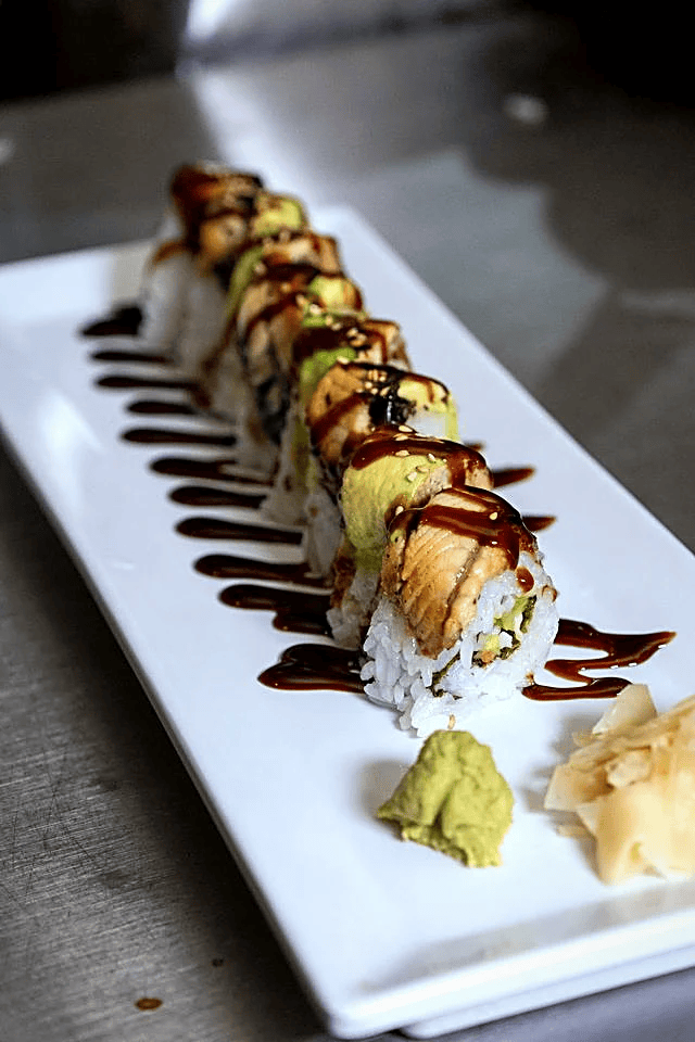 Dragon Roll with eel, avocado, and eel sauce