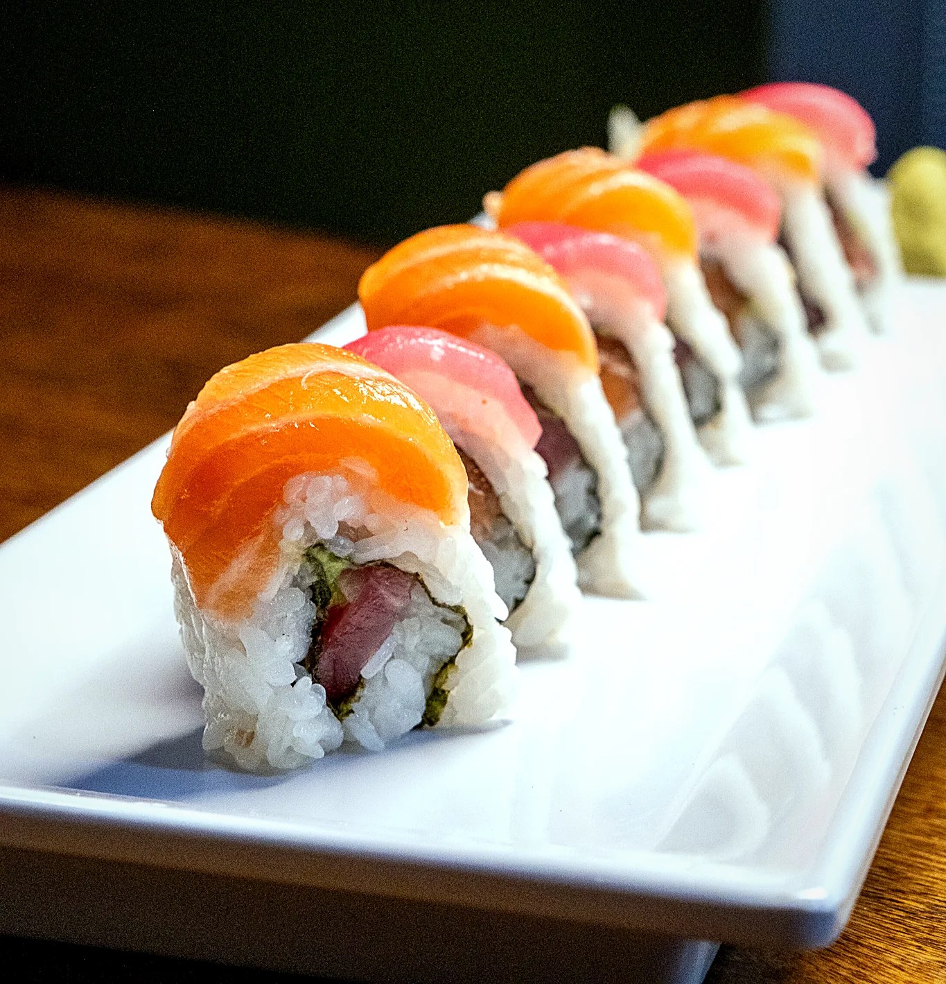 Rainbow Roll with tuna, salmon, and avocado