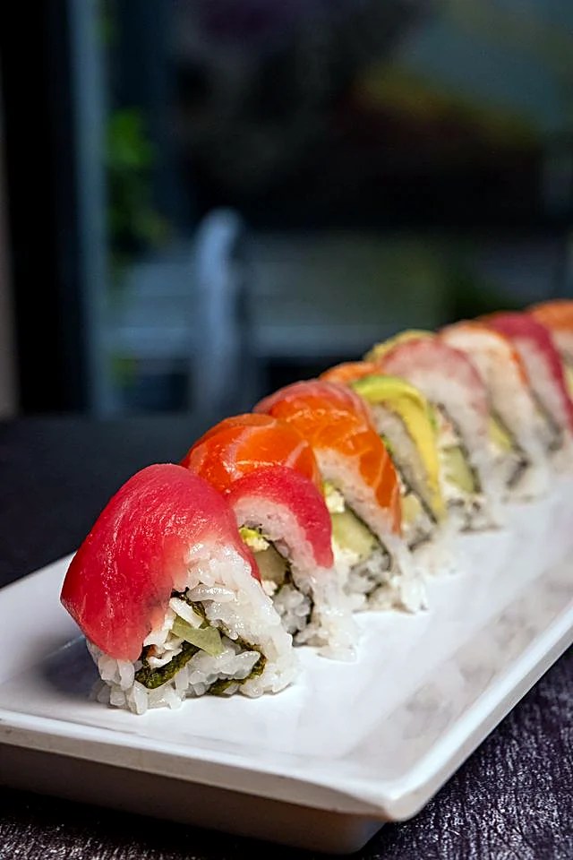 Rainbow Roll with tuna, salmon, and avocado