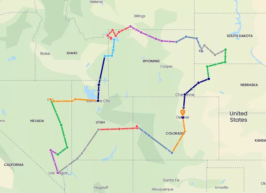 La carte de l'itinéraire complet de notre road trip aux USA en 2026