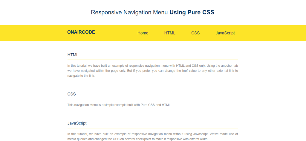 navbar with contents built with HTML and CSS