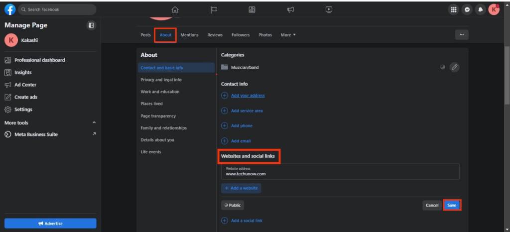 Add website to Facebook page