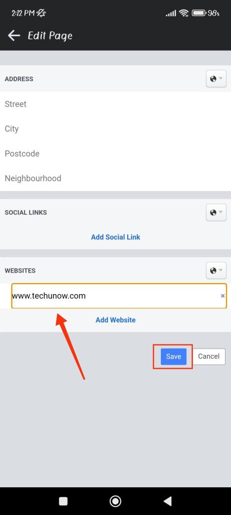 Add website to Facebook page
