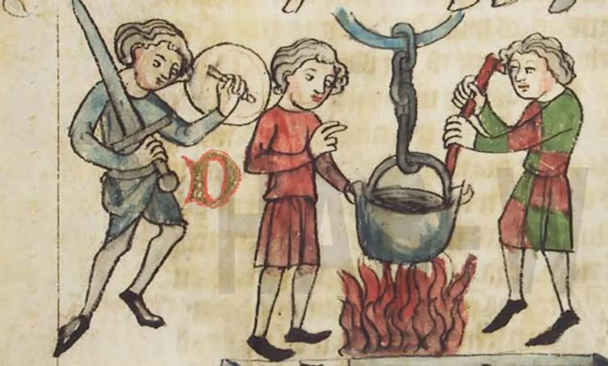 Ordeal of boiling water from a Sachsenspiegel manuscript (1350-1375). Photo courtesy the Herzog August Bibliothek, Wolfenbüttel, Germany