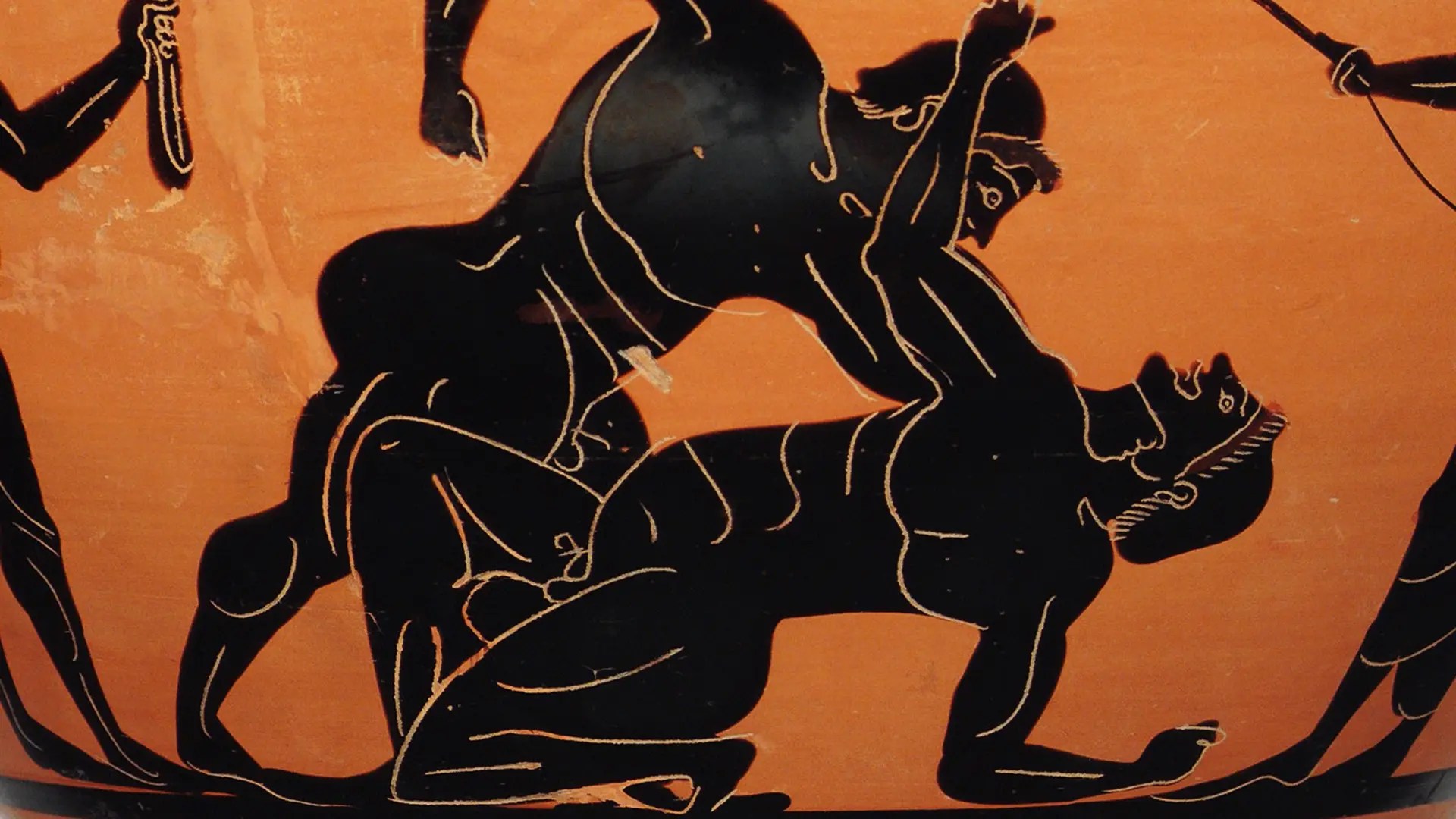 A Pankration (athletic contest) depicted on a terracotta drinking cup. c500 BCE. Courtesy the Met Museum, New York