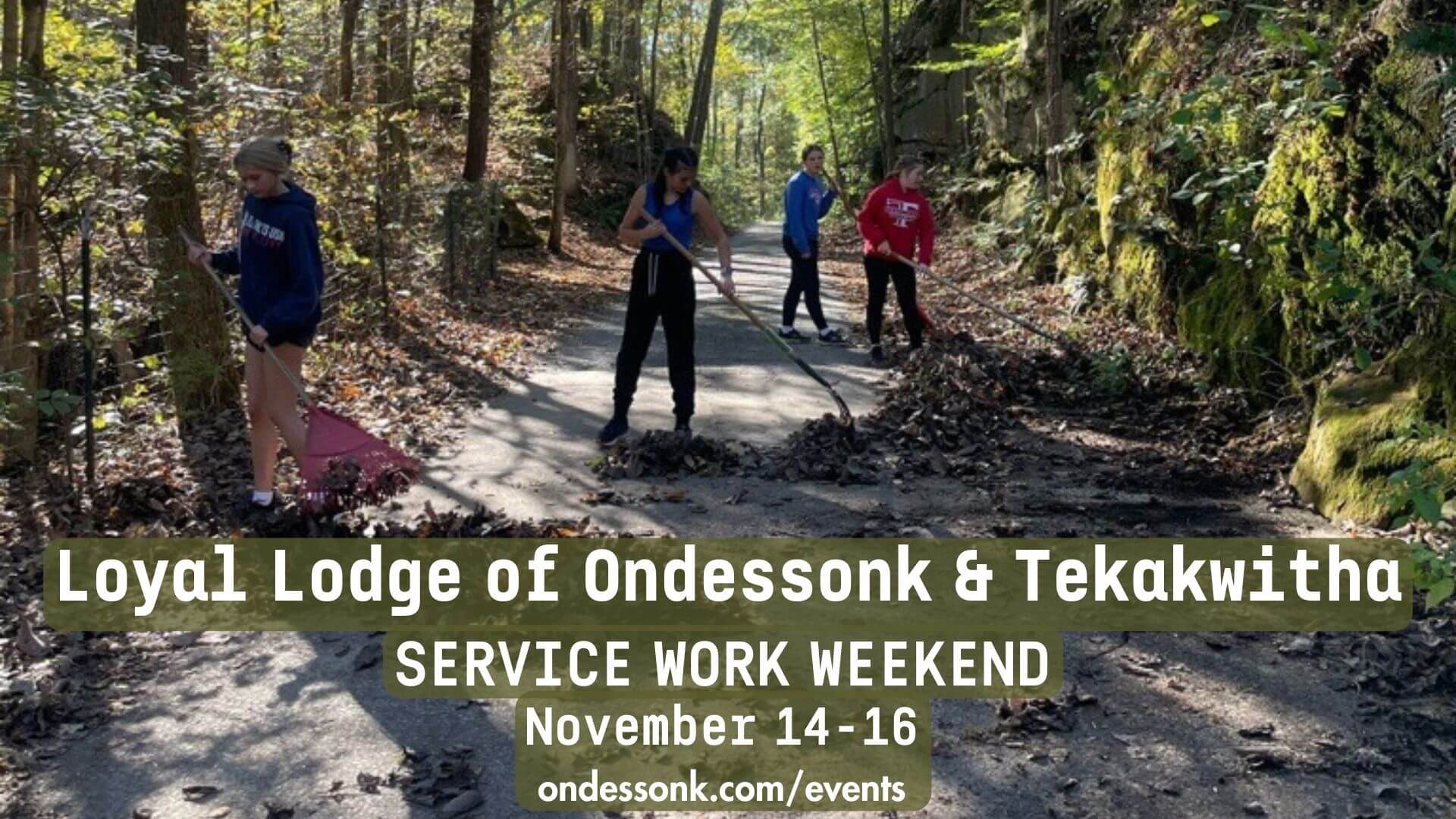 People raking leaves on a wooded path.