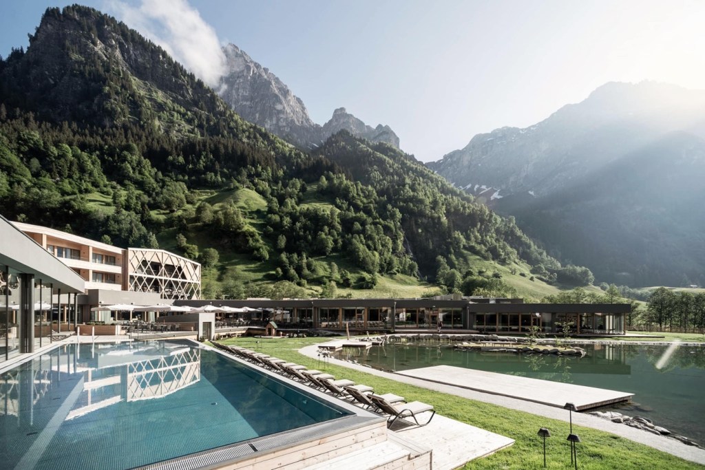 Feuerstein Nature Family Resort exterior in the snowy Italian Alps, South Tyrol