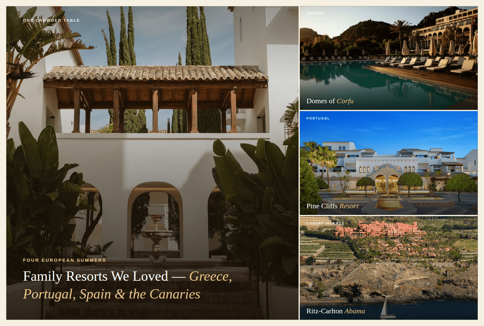La Zambra's courtyard fountain, with Domes of Corfu, Pine Cliffs Resort, and the Ritz-Carlton Abama — four European family resorts we've loved