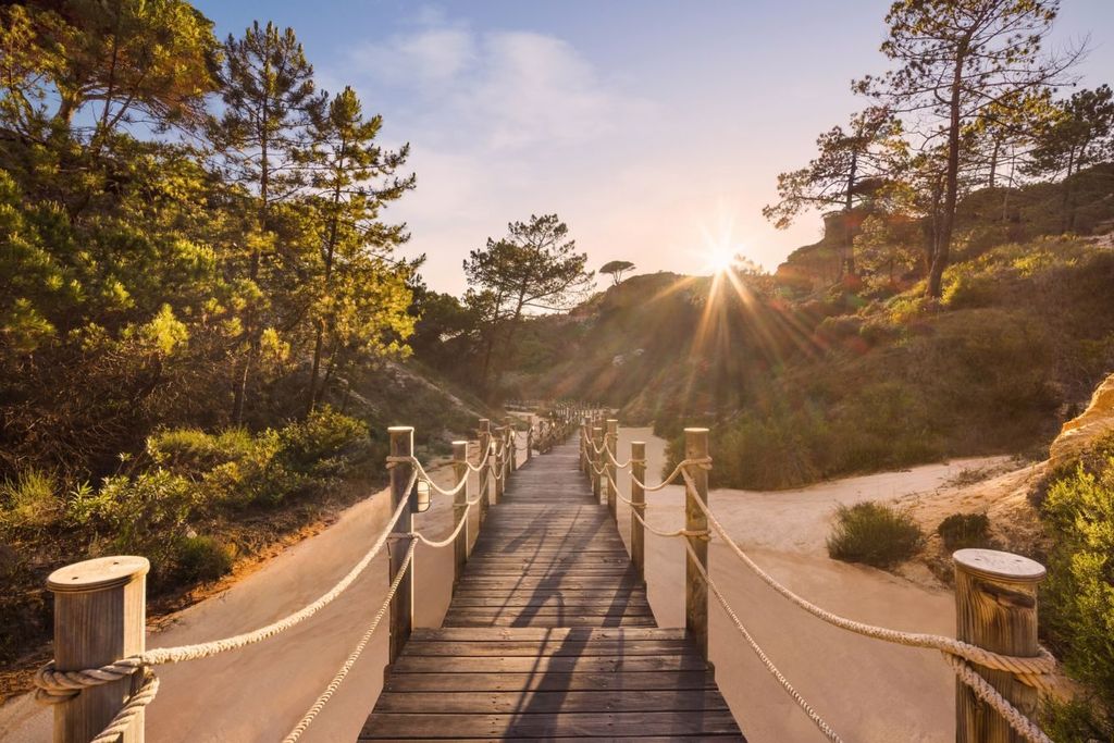 Wooden boardwalk through the dunes to Praia da Falésia beach at Pine Cliffs Resort