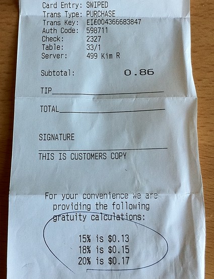 Receipt with ridiculous tip scale