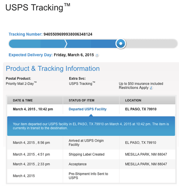 Expected Delivery Day:	Friday, March 6, 2015