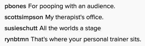 My caption read: For pooping with an audience. Scott Simpson commented 'My therapist's office'. Susie Schutt said 'All the worlds a stage'. Ryan Bateman said 'That's where your personal trainer sits.'