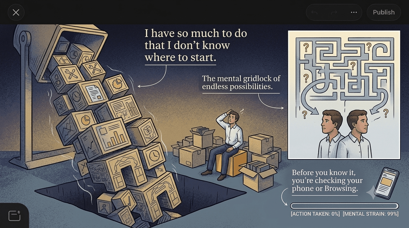 Man is overwhelmed with his tasks so he asks himself why do i get so easily distracted.