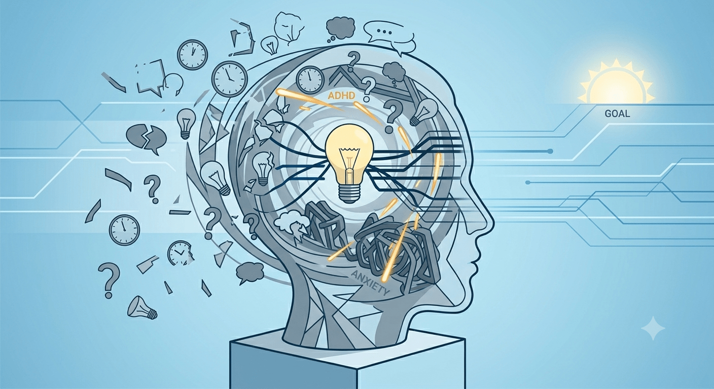 Figure with a brain having its focus being pulled away by multiple different things. Figure wonders why do i get so easily distracted.