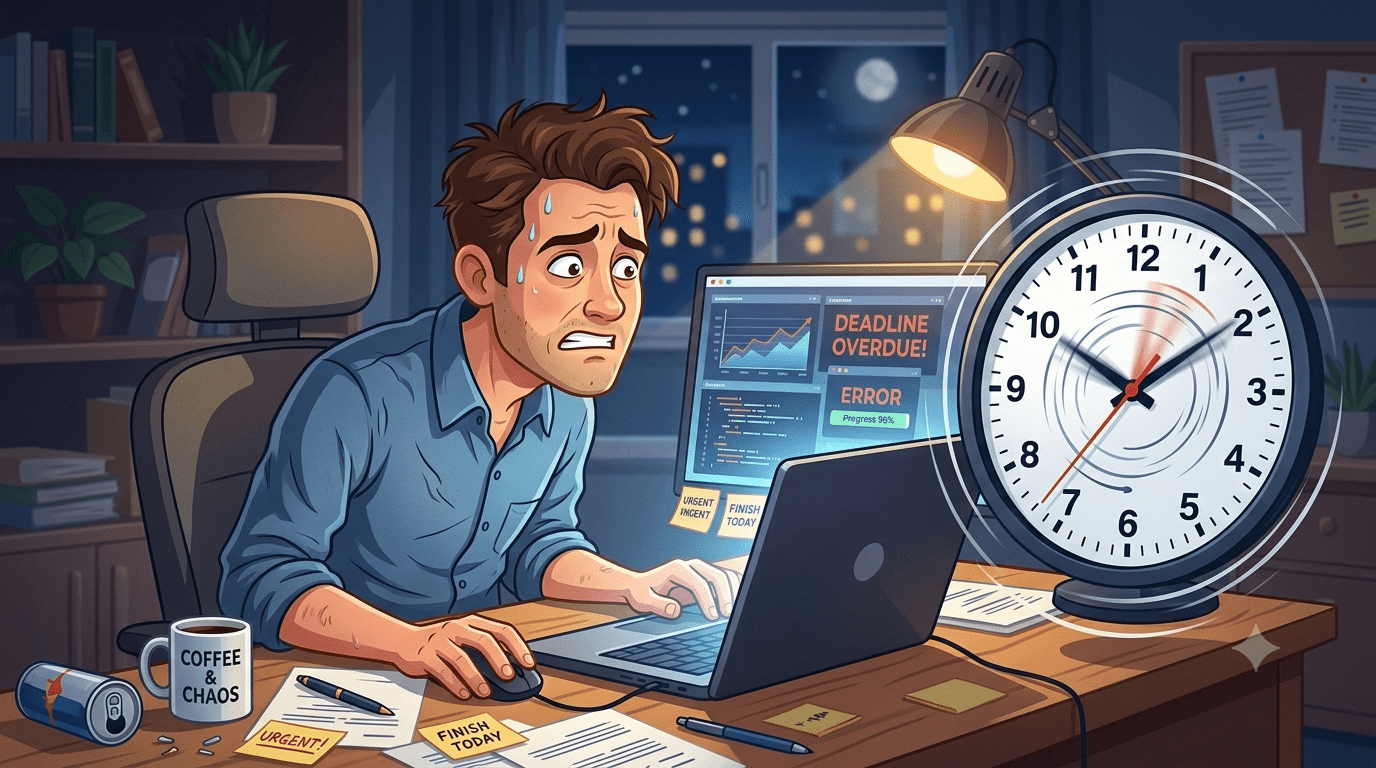 man being stressed while working and time runs out. Features the 7 most common distractions that pulled his focus away. Helps answer why do i get distracted so easily.