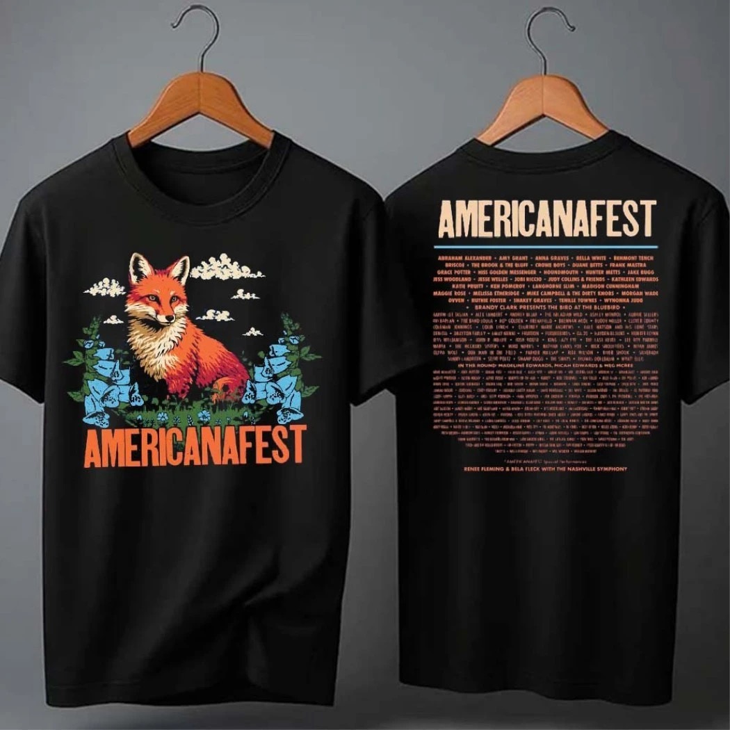 Photo of the official 2026 AmericanaFest tee shirt on a hanger.