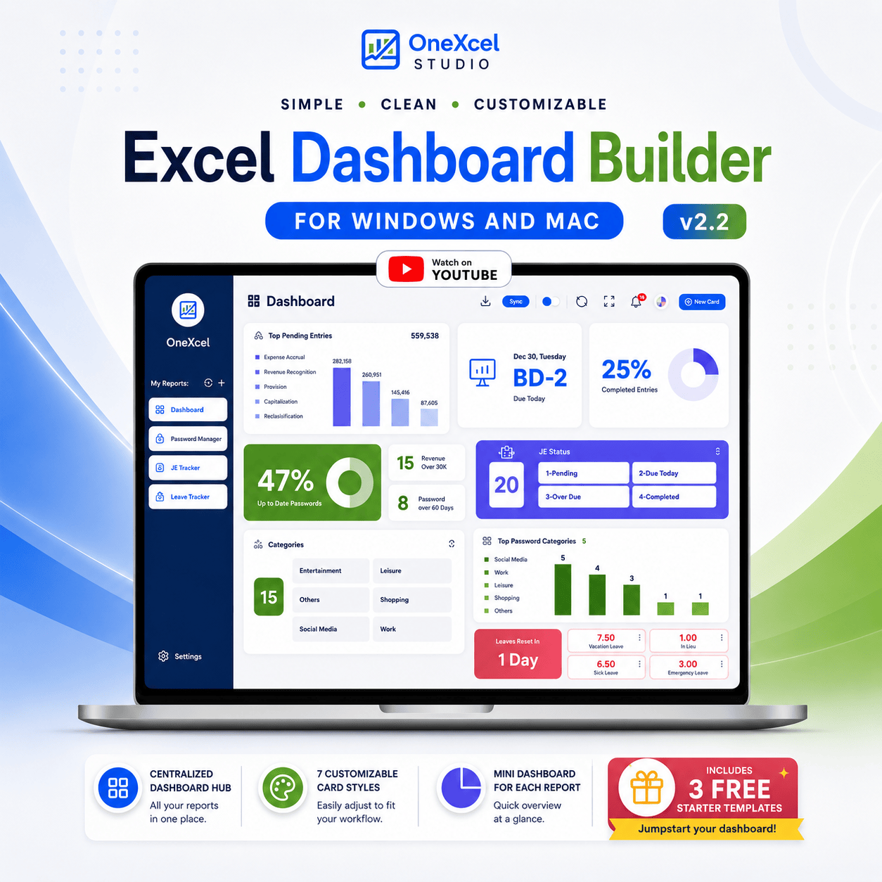 OneXcel Dashboard Builder Excel template cover