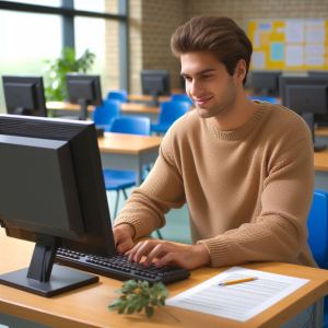 Illustration of a man taking the British Council Aptis test on a computer.