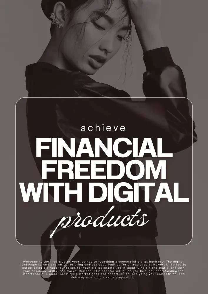 Woman's portrait promoting financial freedom with digital products for entrepreneurs.
