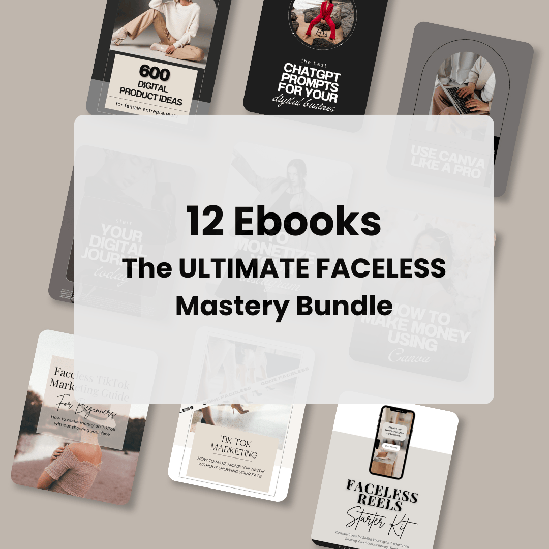 Digital product ebooks bundle featuring "Faceless Mastery Bundle" and ChatGPT prompts for digital business.